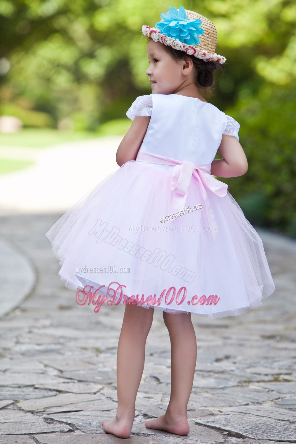 White and Pink Ball Gown Scoop Knee-length Taffeta and Tulle Flower Girl Dress