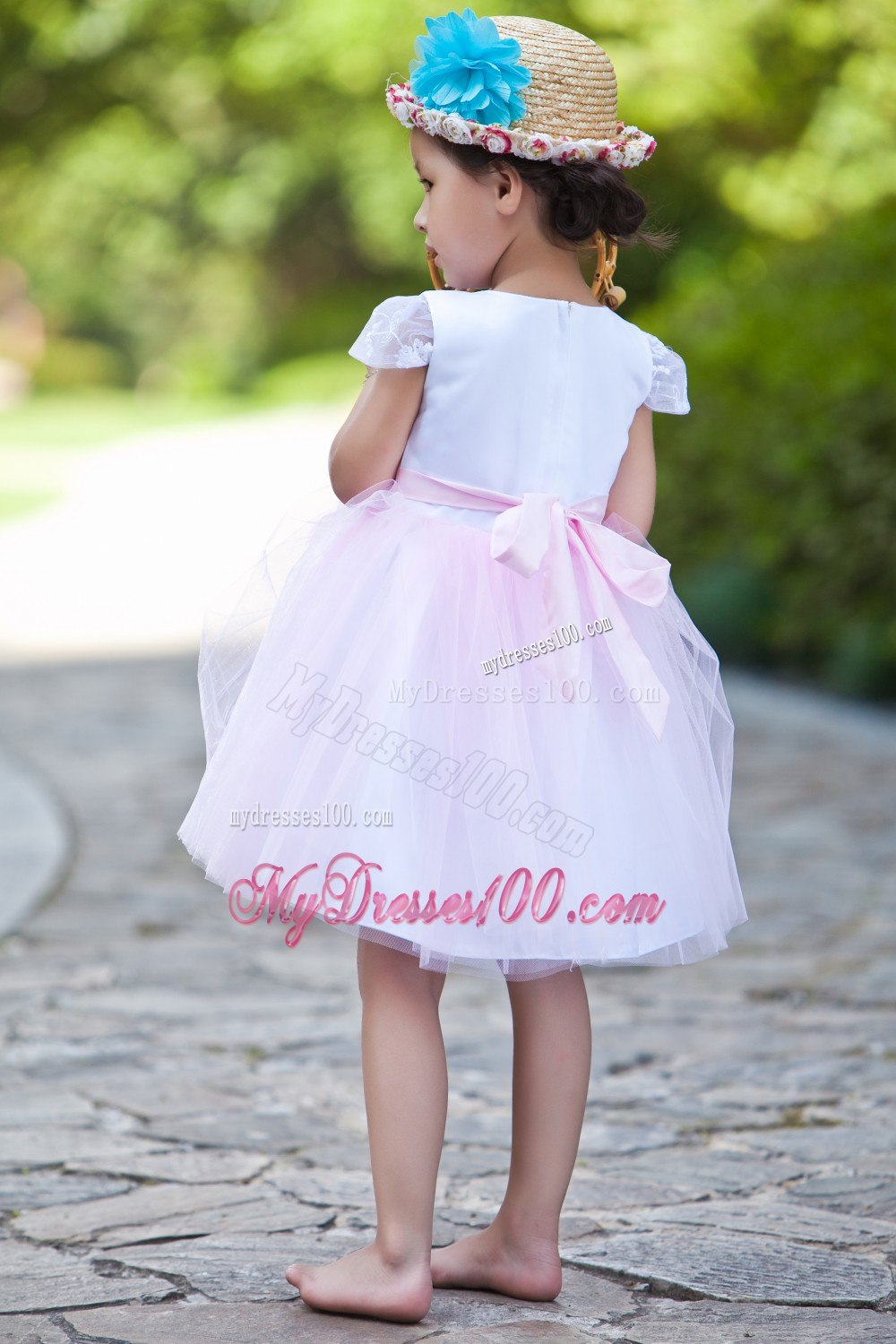 White and Pink Ball Gown Scoop Knee-length Taffeta and Tulle Flower Girl Dress