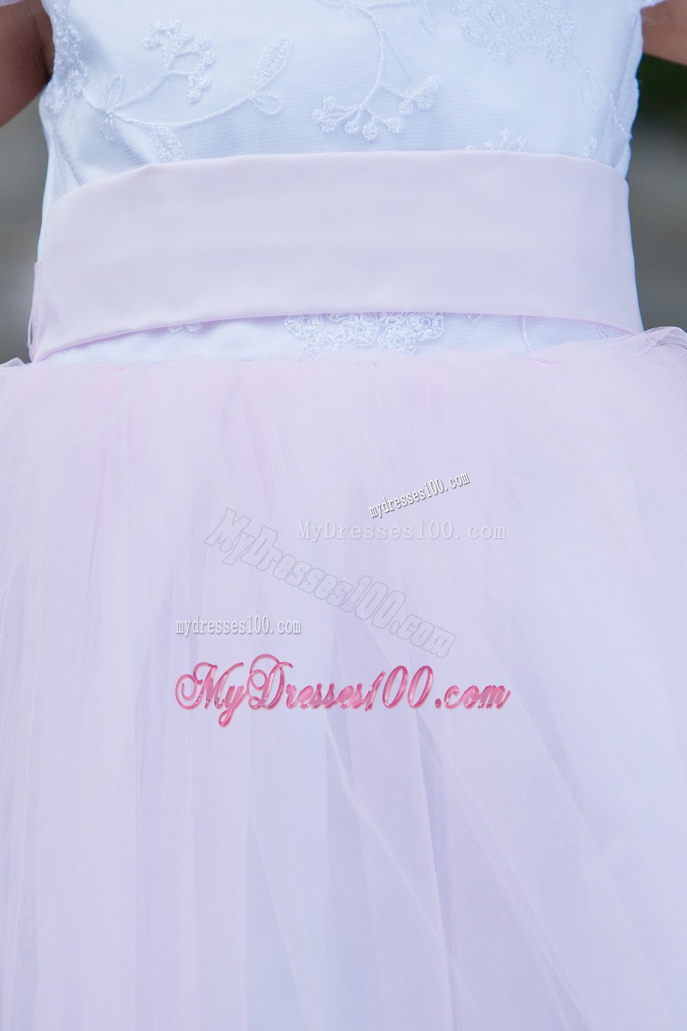 White and Pink Ball Gown Scoop Knee-length Taffeta and Tulle Flower Girl Dress