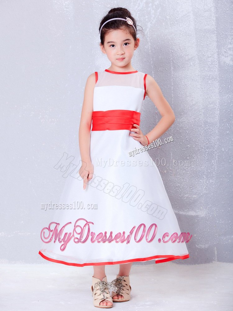 White and Red A-line Scoop Ankle-length Organza Flower Girl Dress