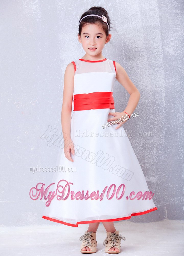 White and Red A-line Scoop Ankle-length Organza Flower Girl Dress