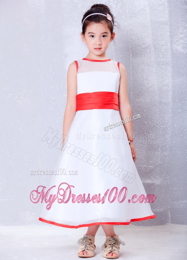 White and Red A-line Scoop Ankle-length Organza Flower Girl Dress