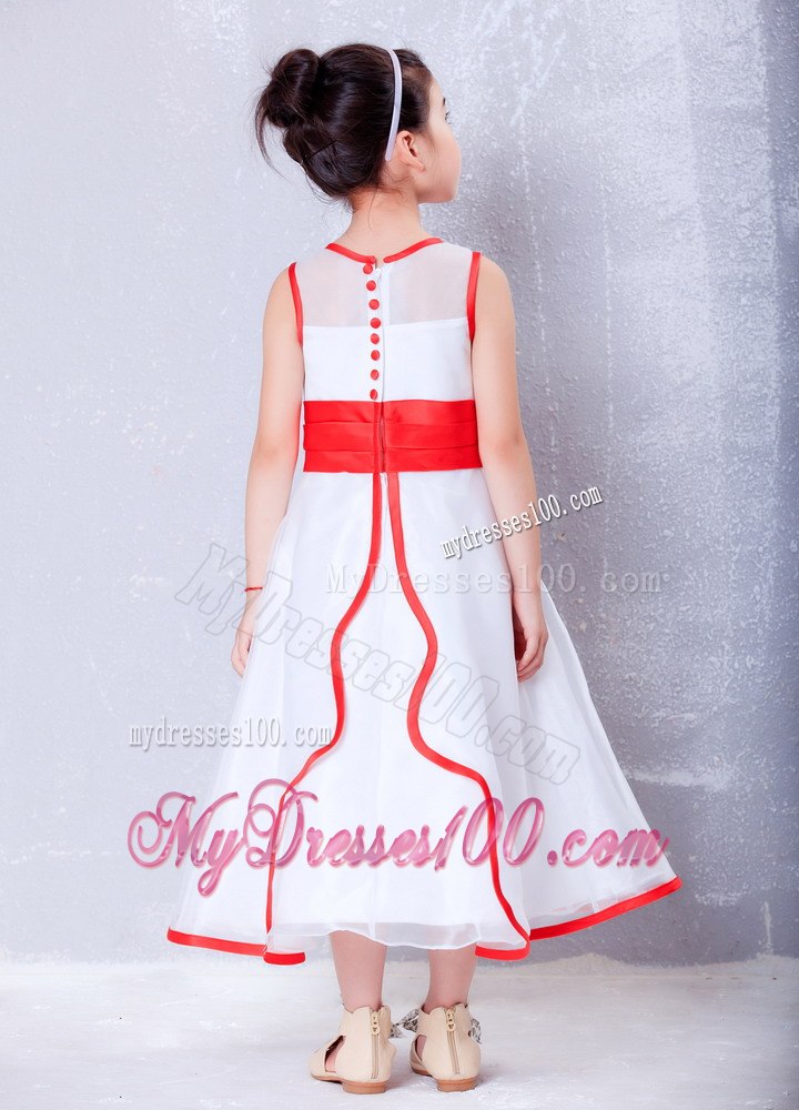 White and Red A-line Scoop Ankle-length Organza Flower Girl Dress