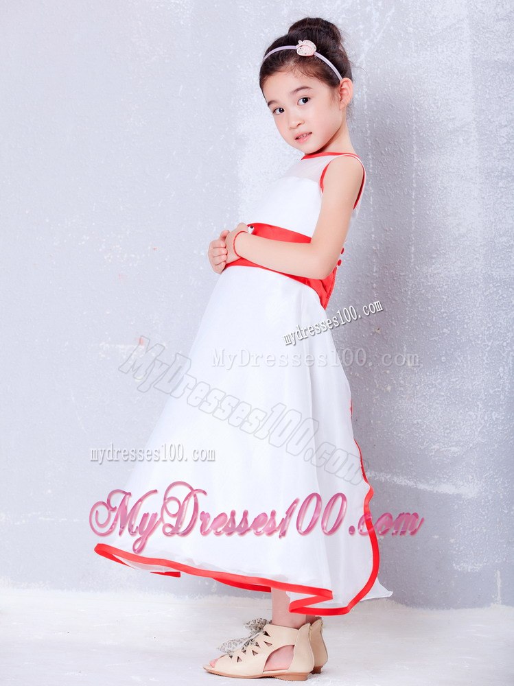 White and Red A-line Scoop Ankle-length Organza Flower Girl Dress