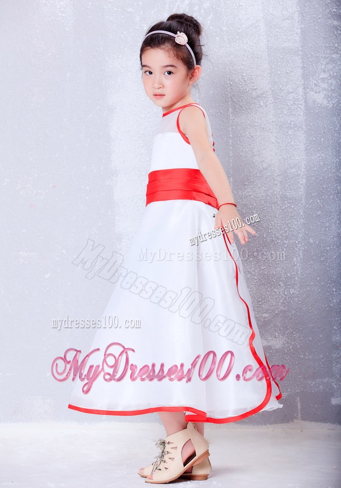 White and Red A-line Scoop Ankle-length Organza Flower Girl Dress