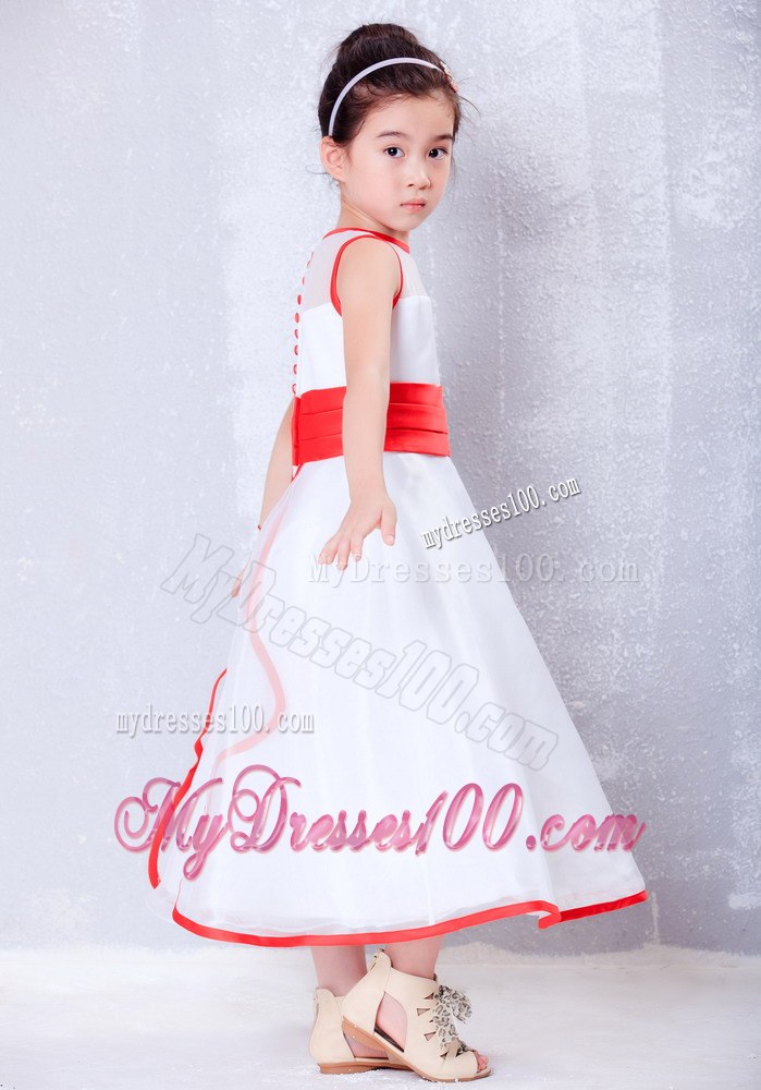 White and Red A-line Scoop Ankle-length Organza Flower Girl Dress