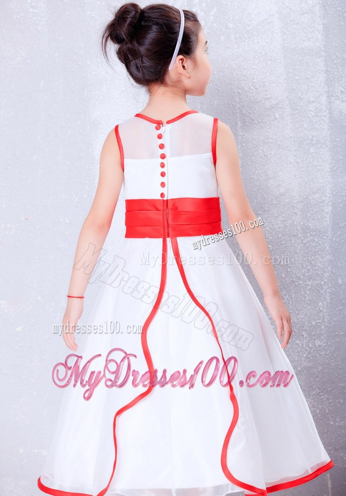 White and Red A-line Scoop Ankle-length Organza Flower Girl Dress