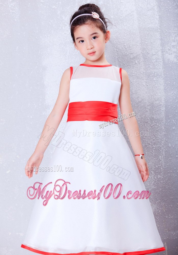 White and Red A-line Scoop Ankle-length Organza Flower Girl Dress