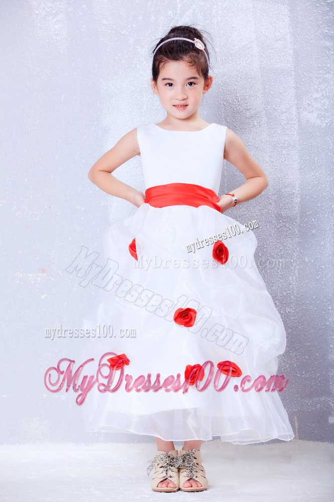 White and Red Scoop Ankle-length Organza and Taffeta Flower Girl Dress