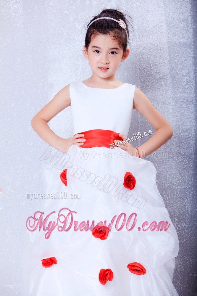 White and Red Scoop Ankle-length Organza and Taffeta Flower Girl Dress