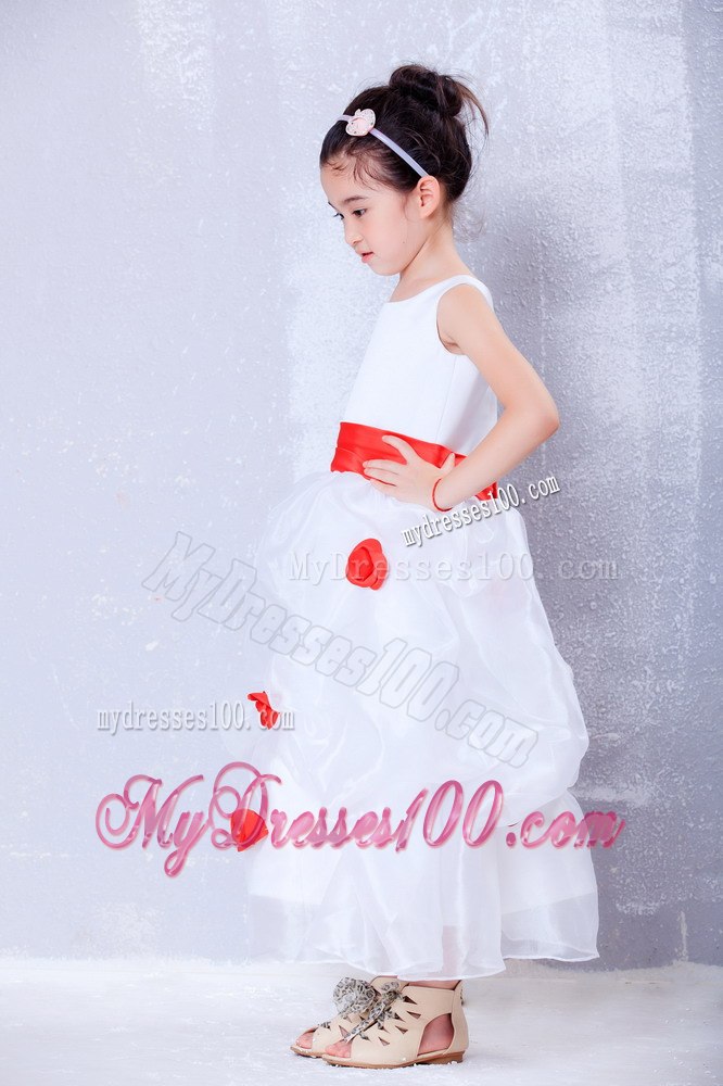White and Red Scoop Ankle-length Organza and Taffeta Flower Girl Dress