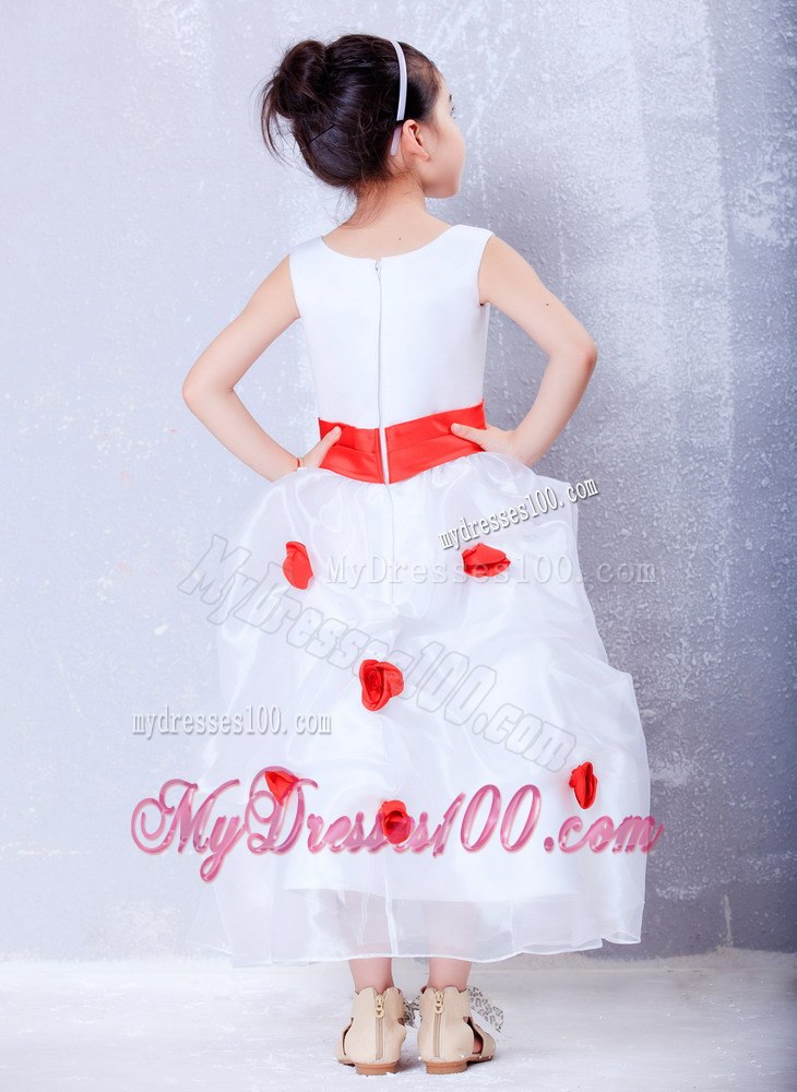 White and Red Scoop Ankle-length Organza and Taffeta Flower Girl Dress