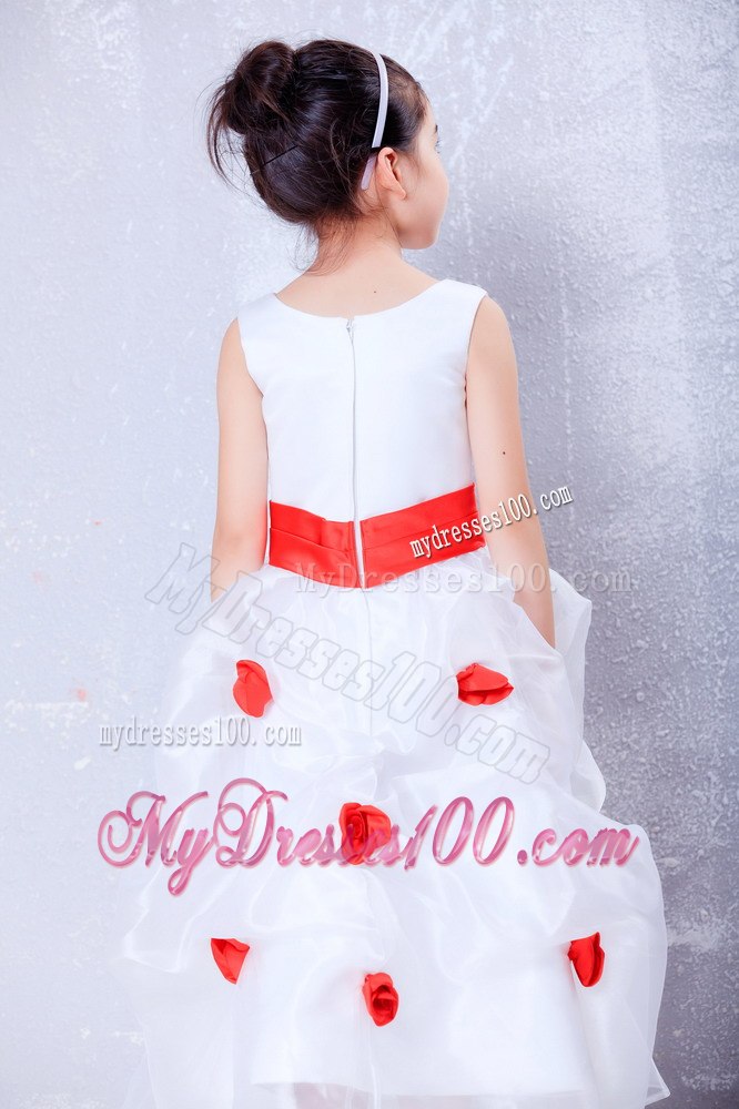 White and Red Scoop Ankle-length Organza and Taffeta Flower Girl Dress