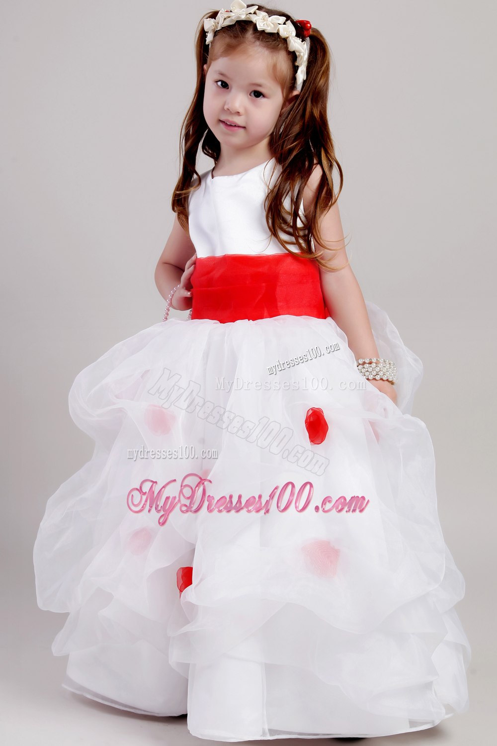 White and Red A-line Scoop Floor-length Taffeta and Organza Bow Flower Girl Dress