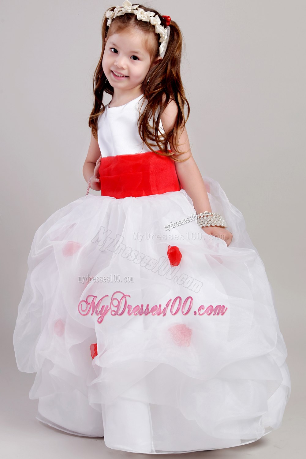 White and Red A-line Scoop Floor-length Taffeta and Organza Bow Flower Girl Dress