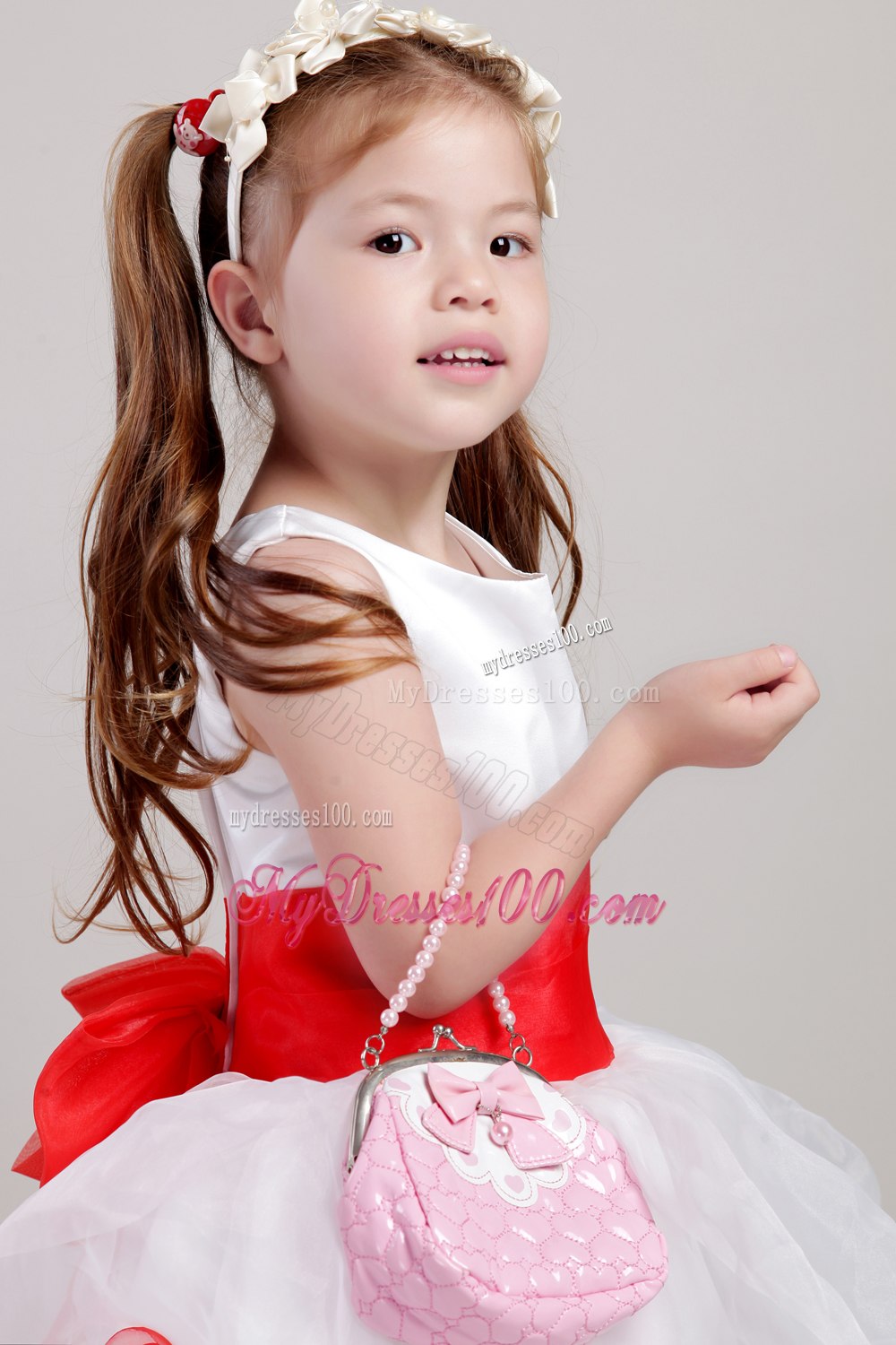 White and Red A-line Scoop Floor-length Taffeta and Organza Bow Flower Girl Dress