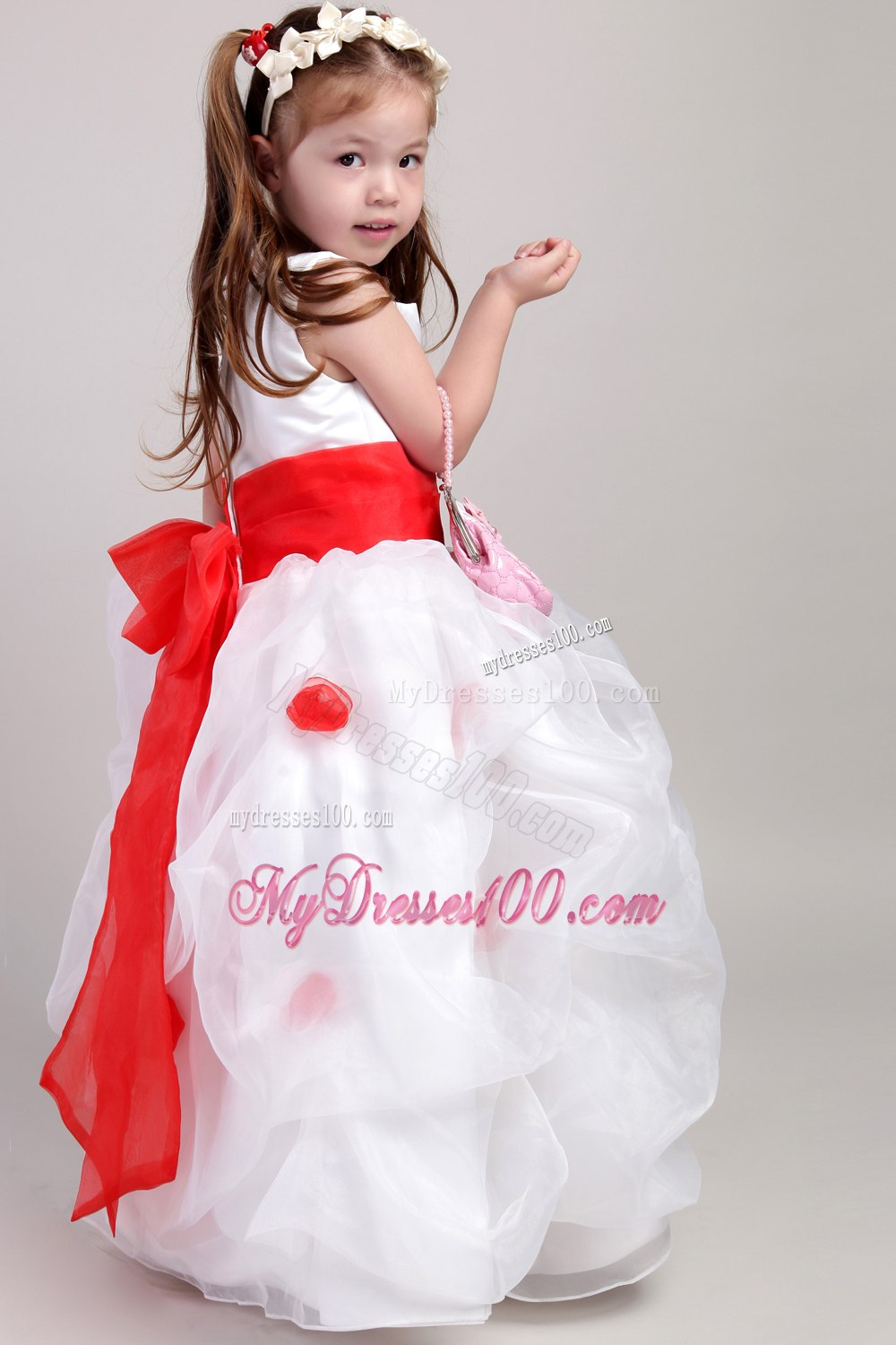 White and Red A-line Scoop Floor-length Taffeta and Organza Bow Flower Girl Dress
