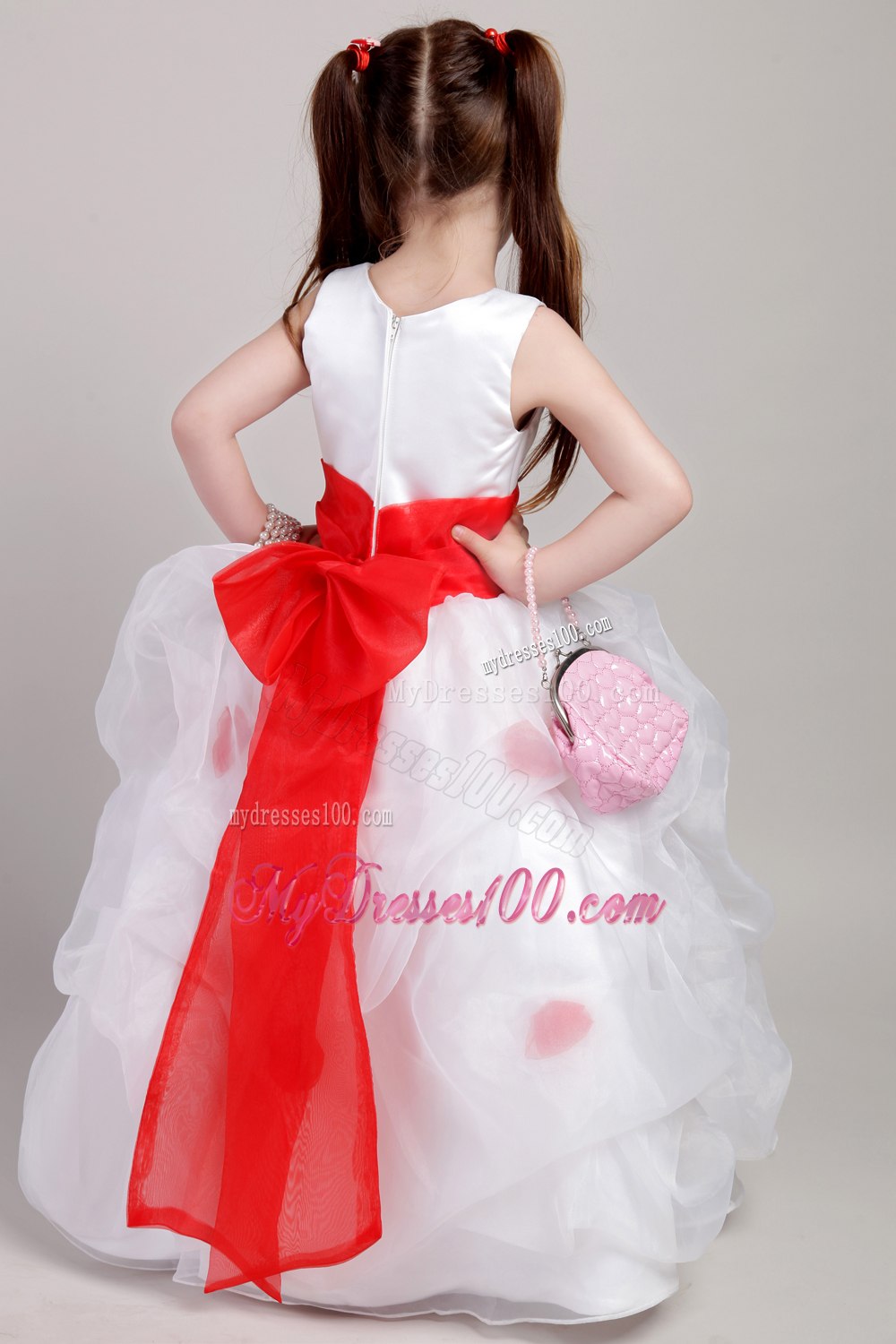 White and Red A-line Scoop Floor-length Taffeta and Organza Bow Flower Girl Dress
