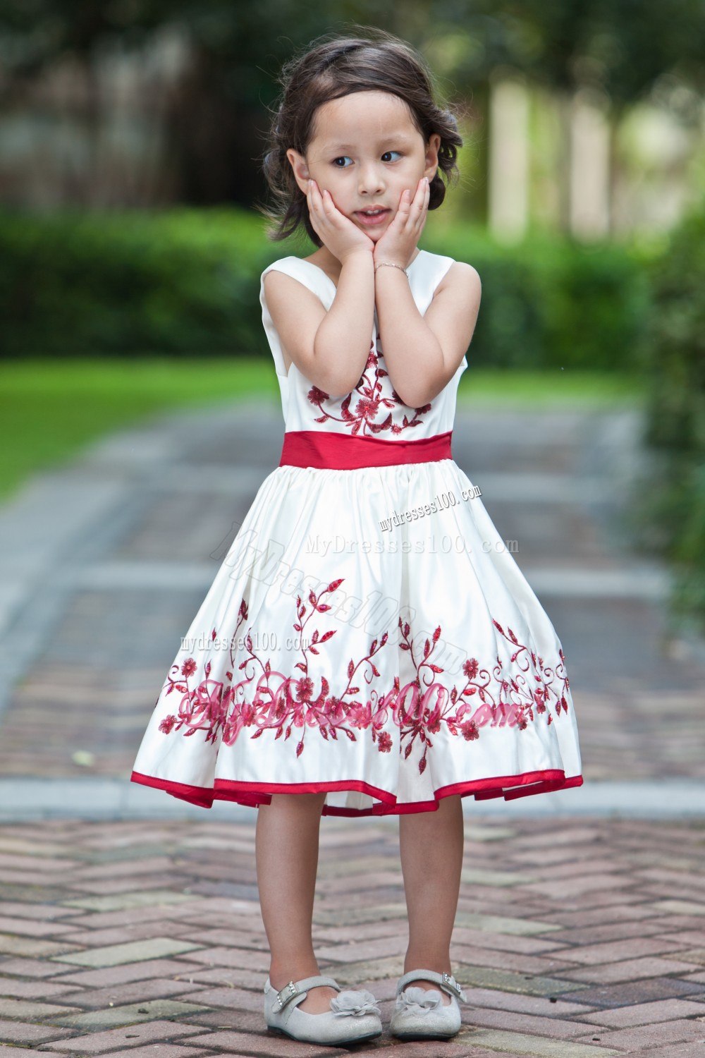 White and Red A-line Scoop Tea-length Taffeta Embroidery Flower Girl Dress