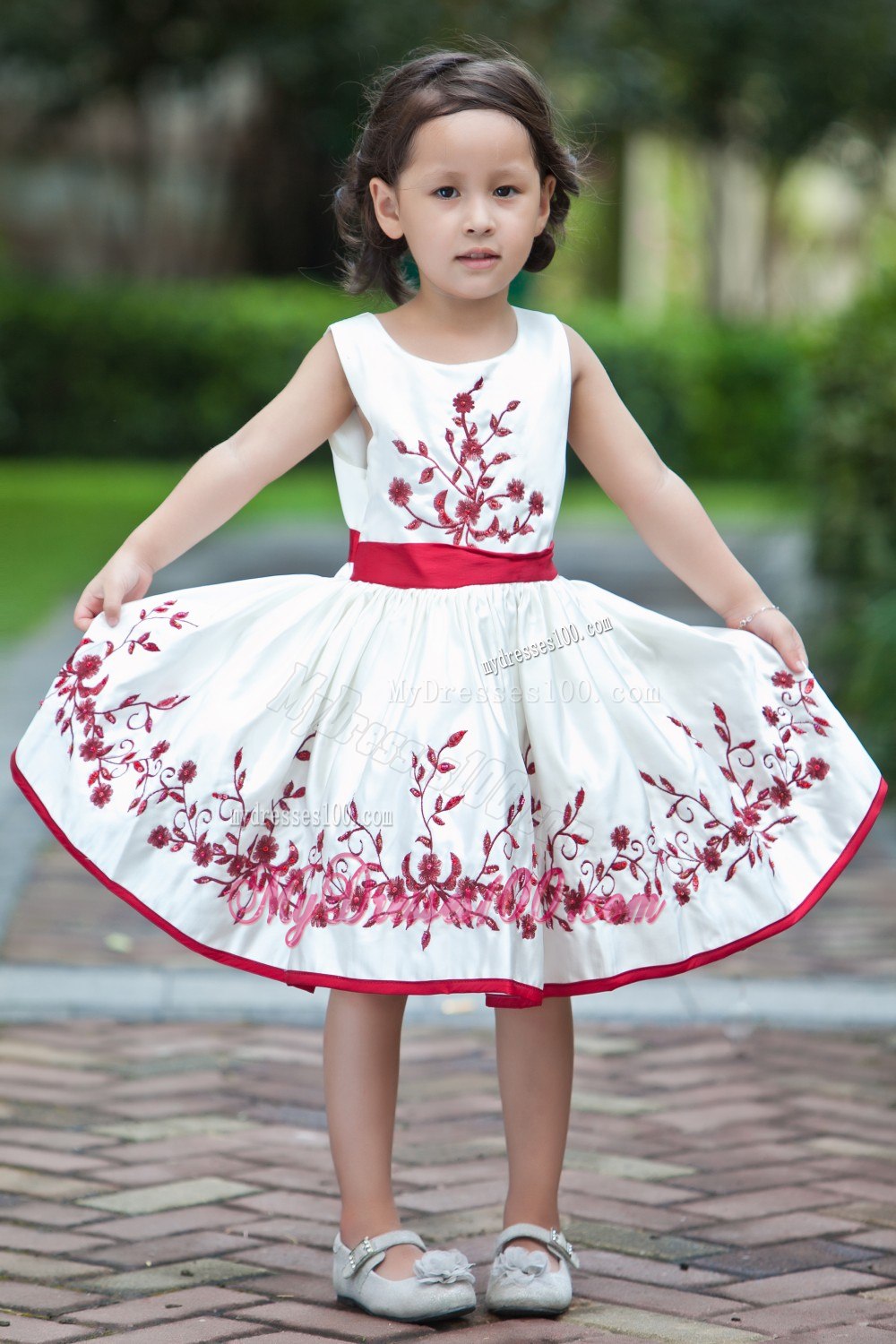 White and Red A-line Scoop Tea-length Taffeta Embroidery Flower Girl Dress