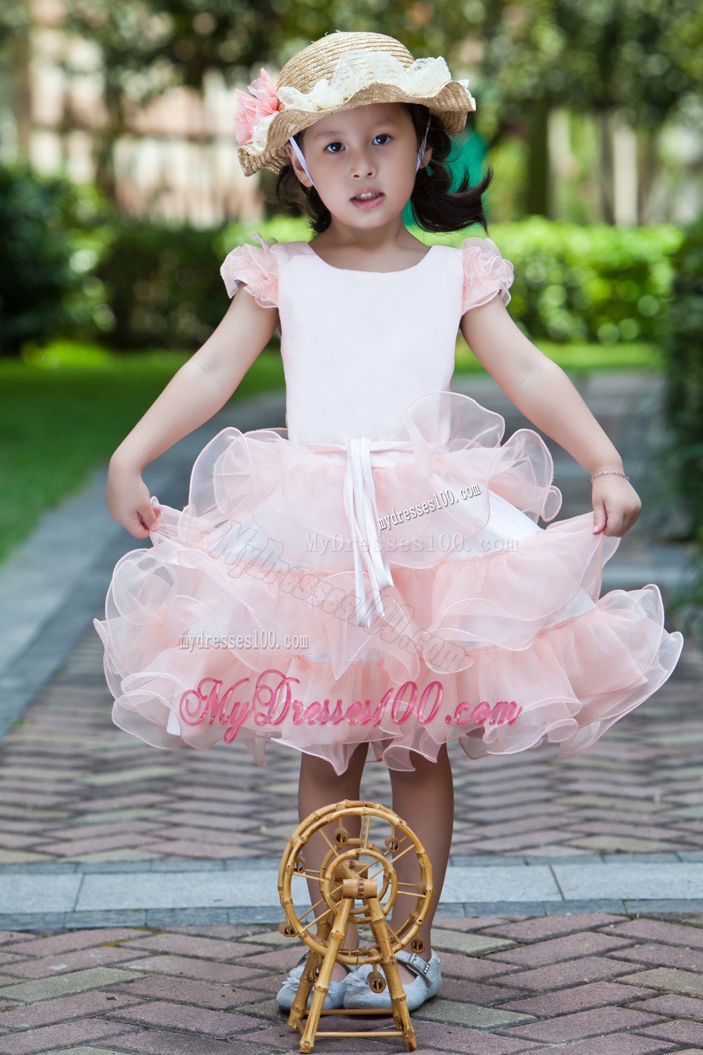 White and Watermelon Red A-line Scoop Knee-length Satin and Organza Ruffles Flower Girl Dress