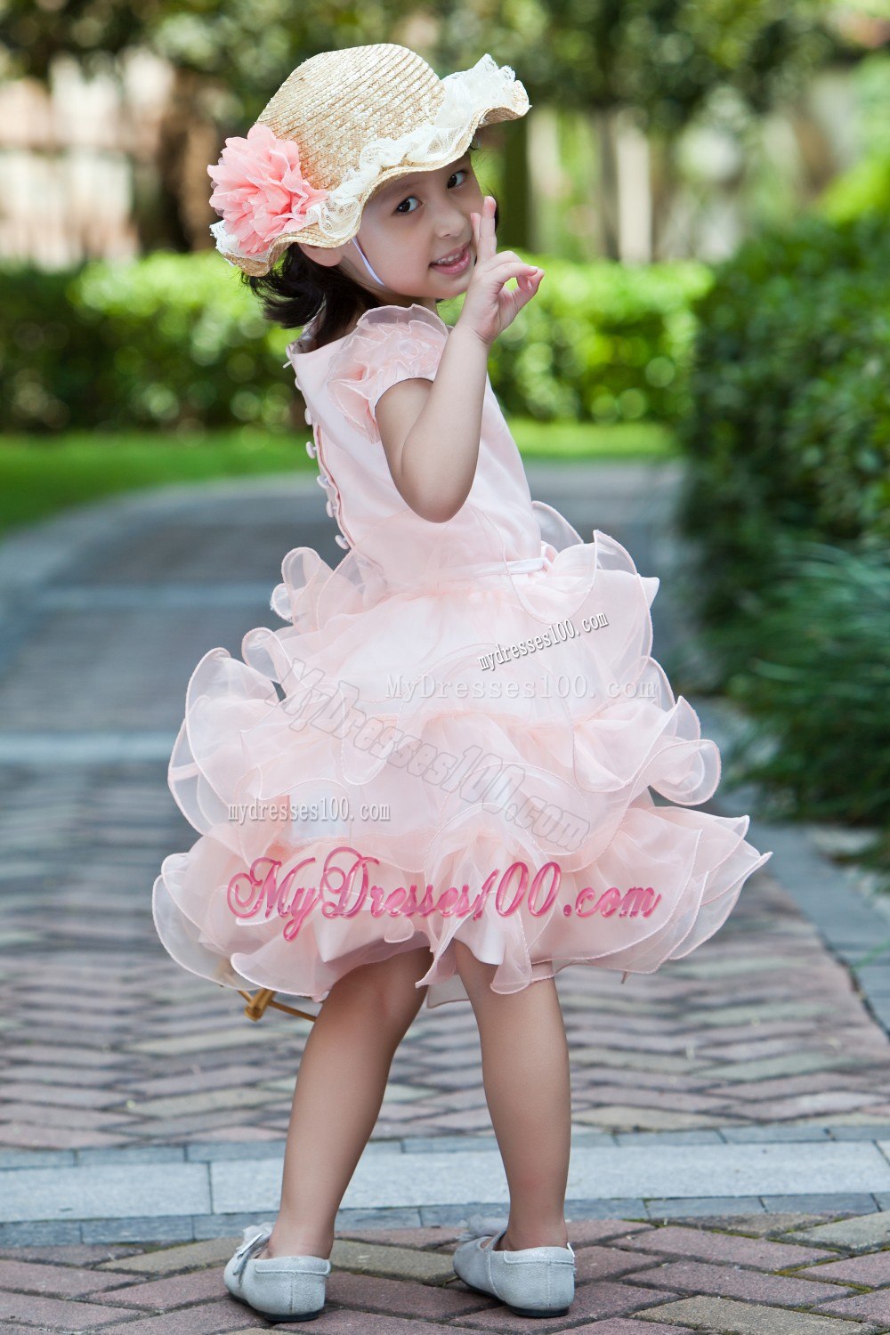 White and Watermelon Red A-line Scoop Knee-length Satin and Organza Ruffles Flower Girl Dress