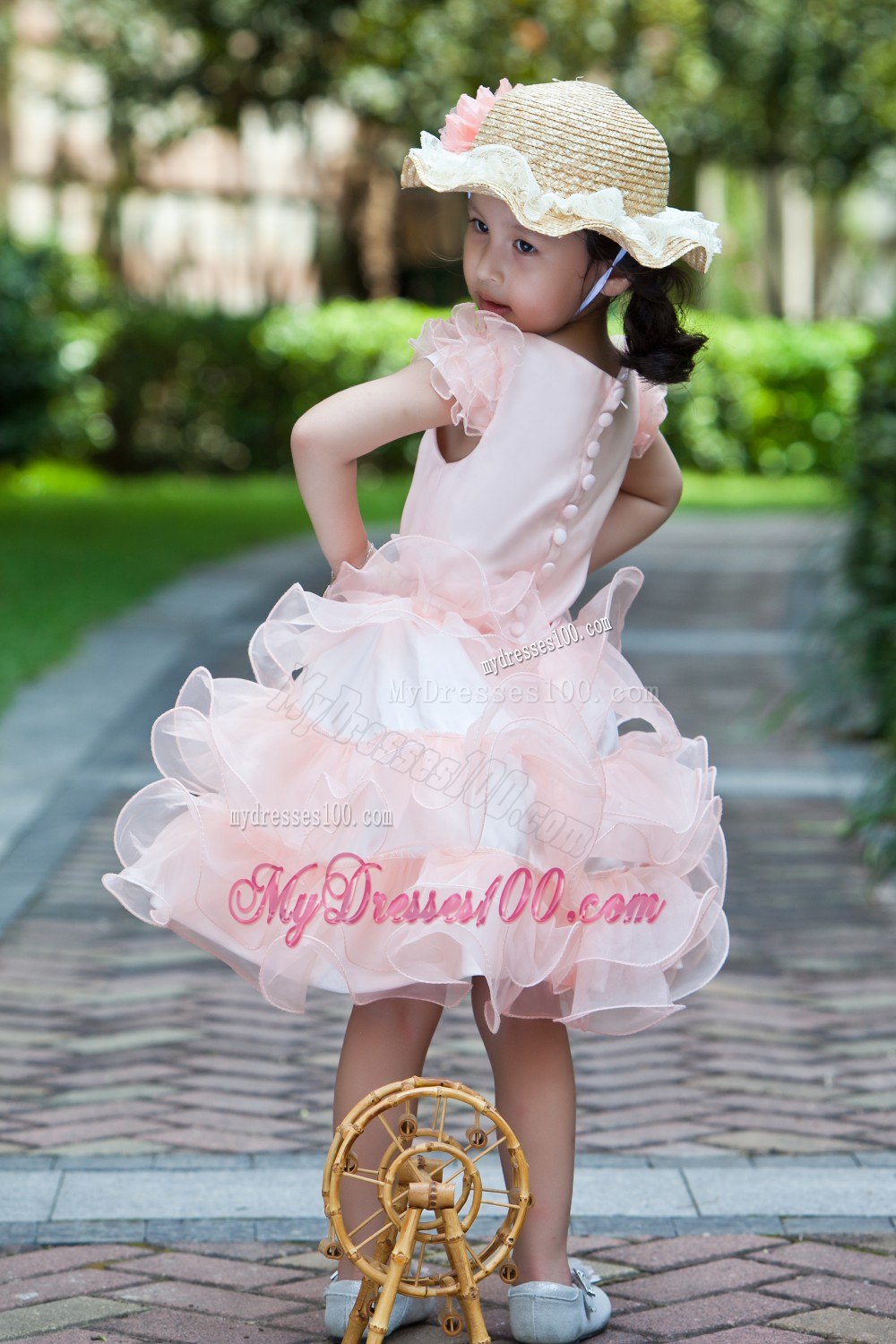 White and Watermelon Red A-line Scoop Knee-length Satin and Organza Ruffles Flower Girl Dress
