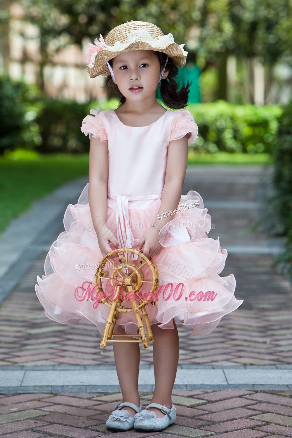 White and Watermelon Red A-line Scoop Knee-length Satin and Organza Ruffles Flower Girl Dress