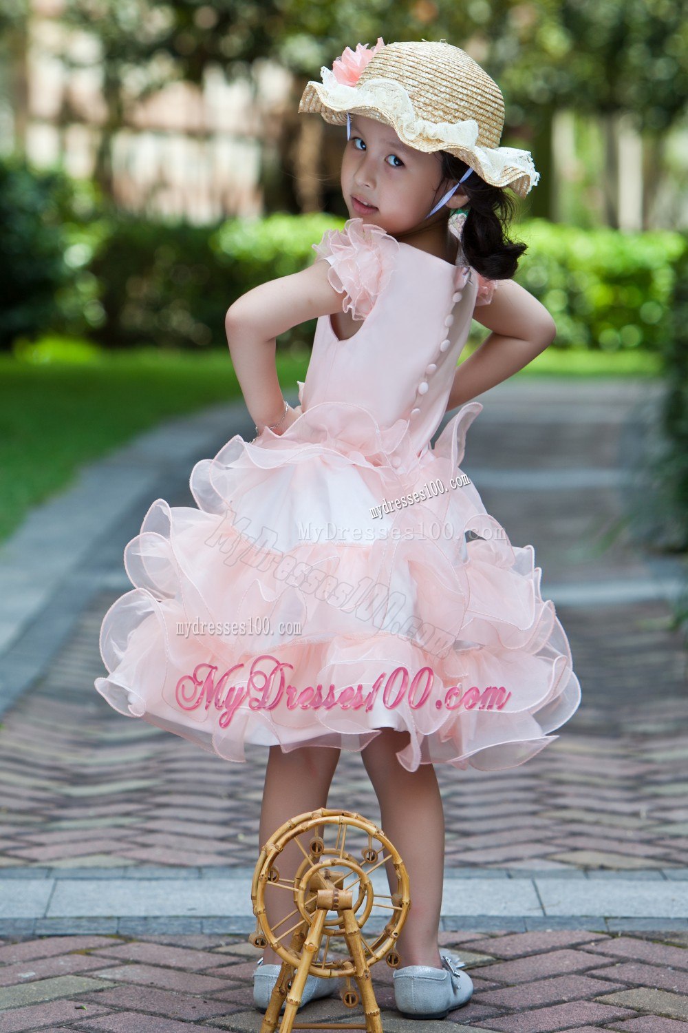 White and Watermelon Red A-line Scoop Knee-length Satin and Organza Ruffles Flower Girl Dress