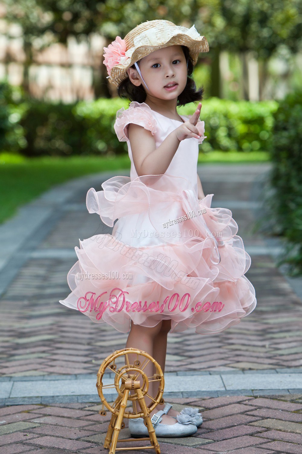 White and Watermelon Red A-line Scoop Knee-length Satin and Organza Ruffles Flower Girl Dress