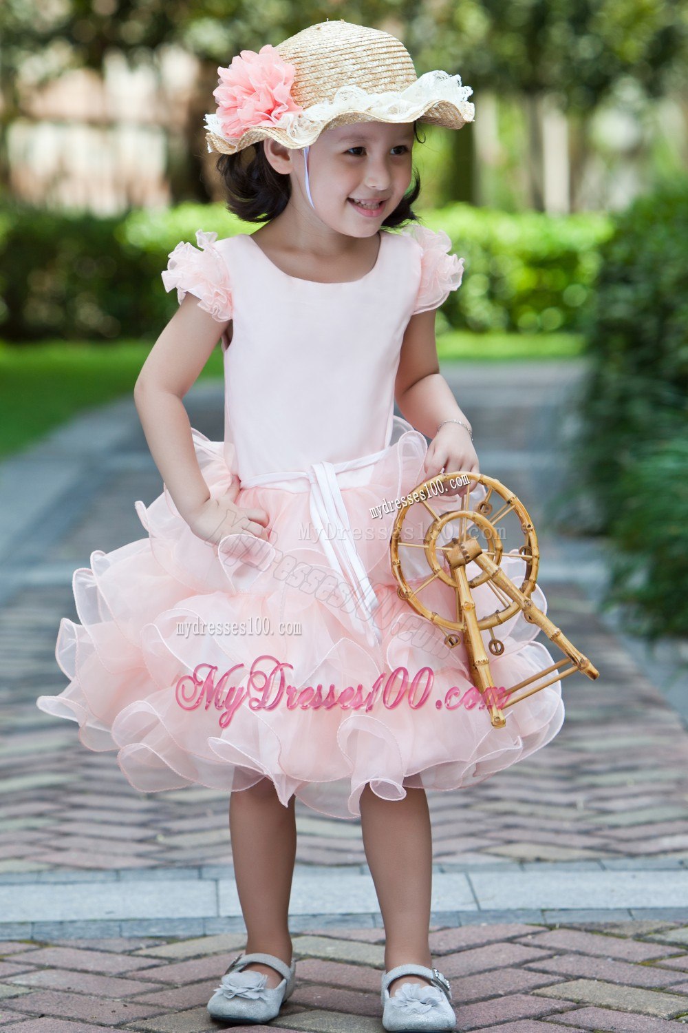 White and Watermelon Red A-line Scoop Knee-length Satin and Organza Ruffles Flower Girl Dress
