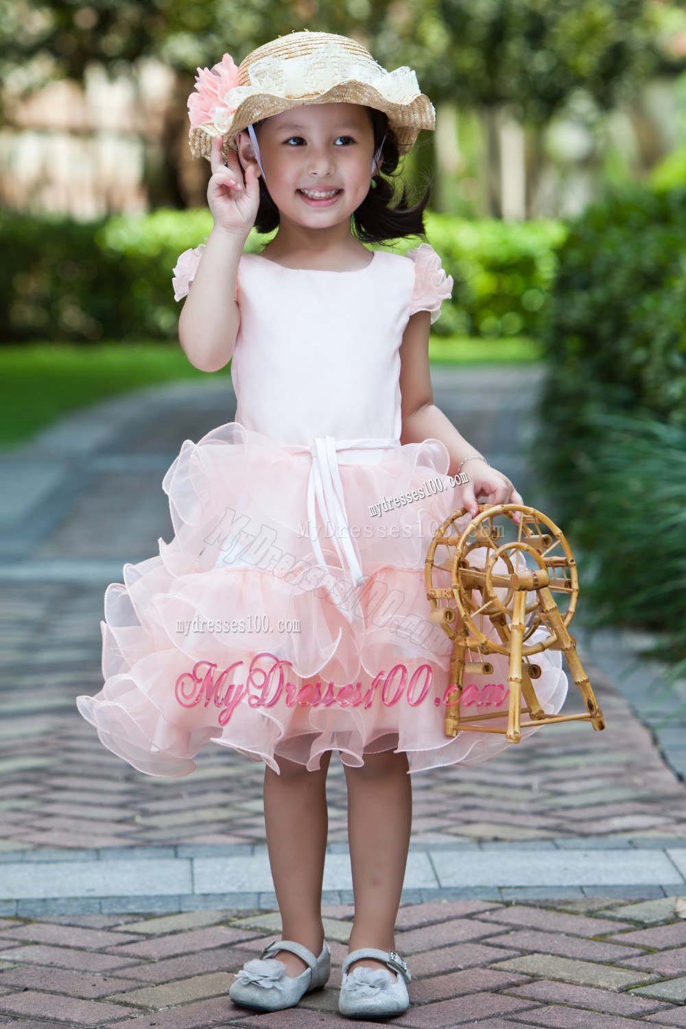 White and Watermelon Red A-line Scoop Knee-length Satin and Organza Ruffles Flower Girl Dress