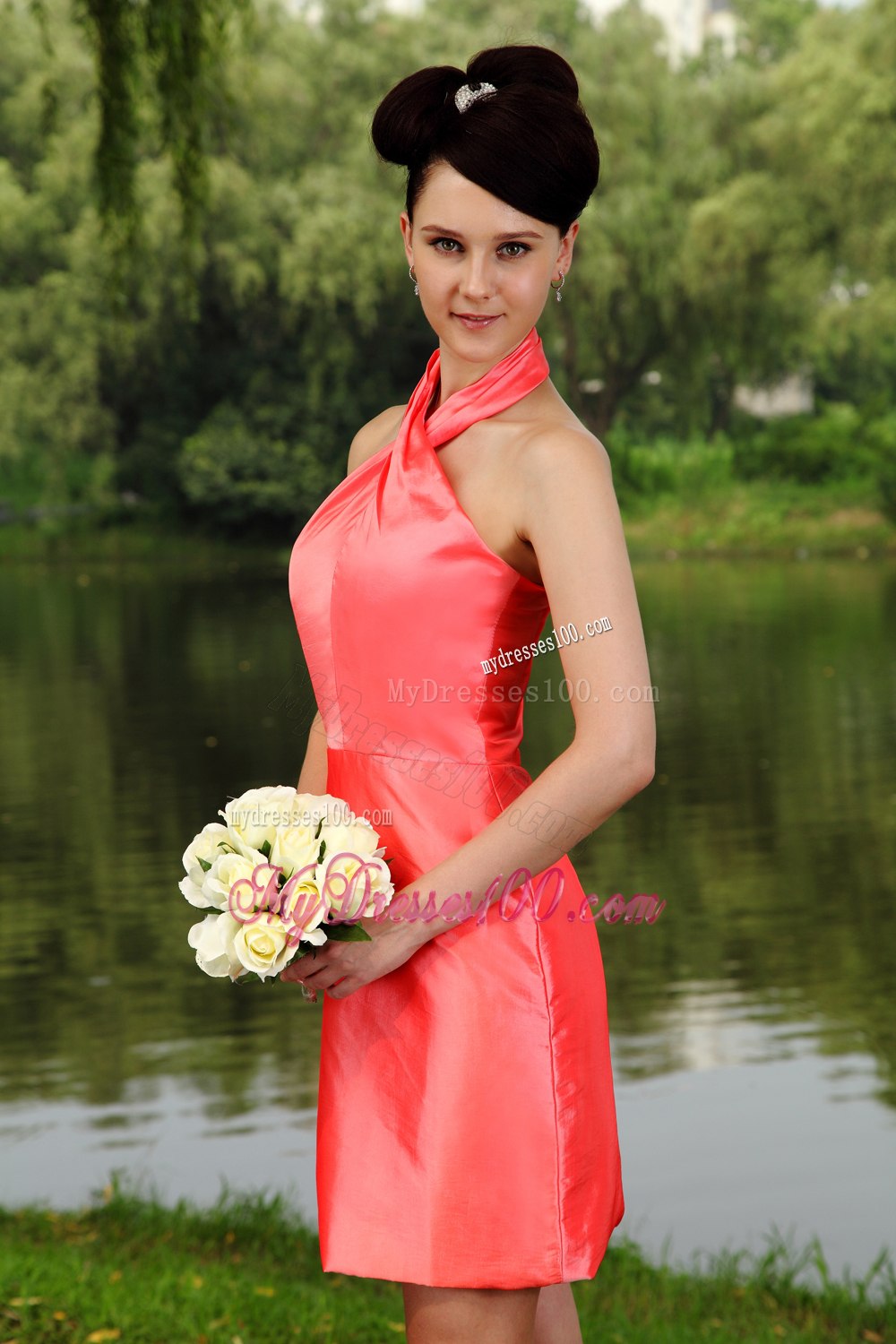 Coral Red Sheath Halter Ruching Dresses For Bridesmaid for Short