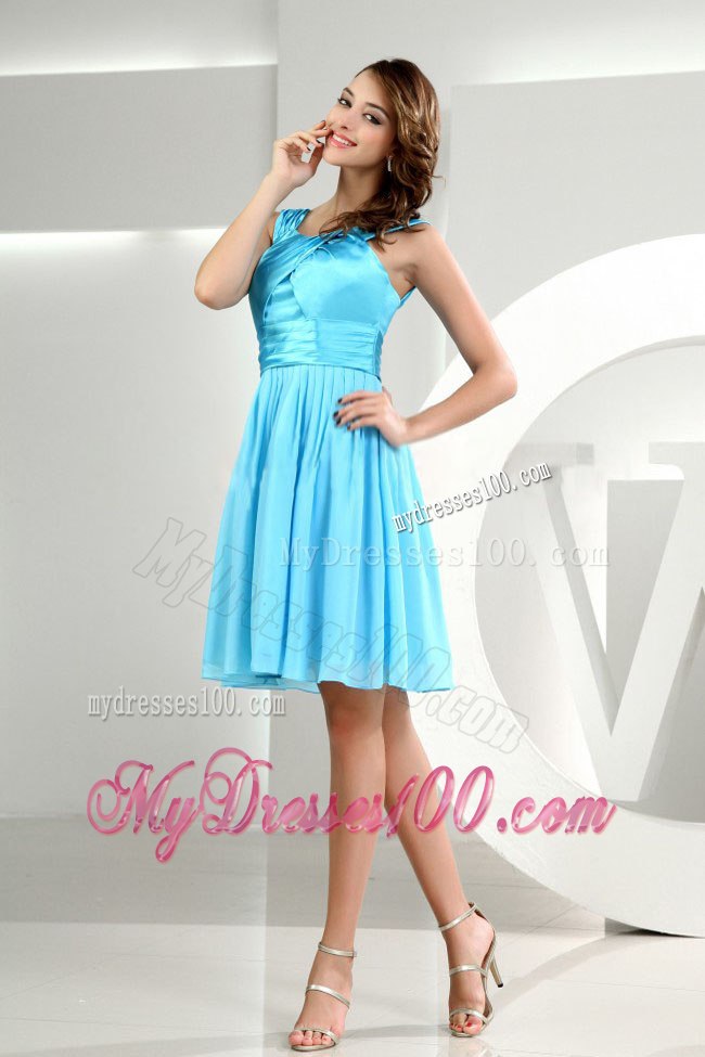 Aqua Blue Round Neckline Knee Length Chiffon and Satin Bridesmaid Dresses