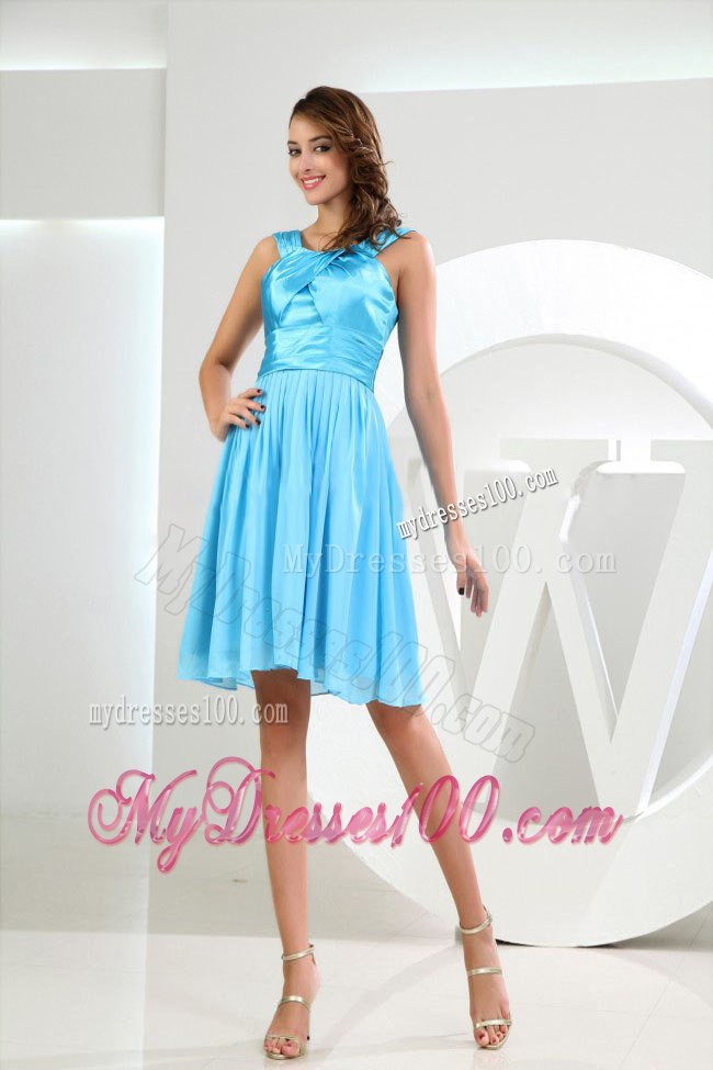 Aqua Blue Round Neckline Knee Length Chiffon and Satin Bridesmaid Dresses