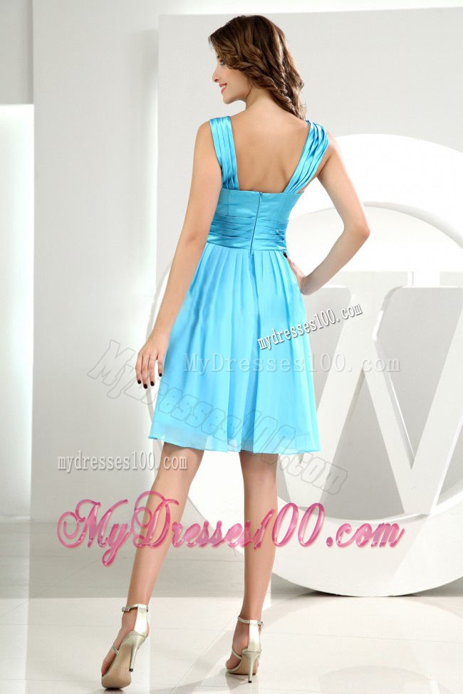 Aqua Blue Round Neckline Knee Length Chiffon and Satin Bridesmaid Dresses
