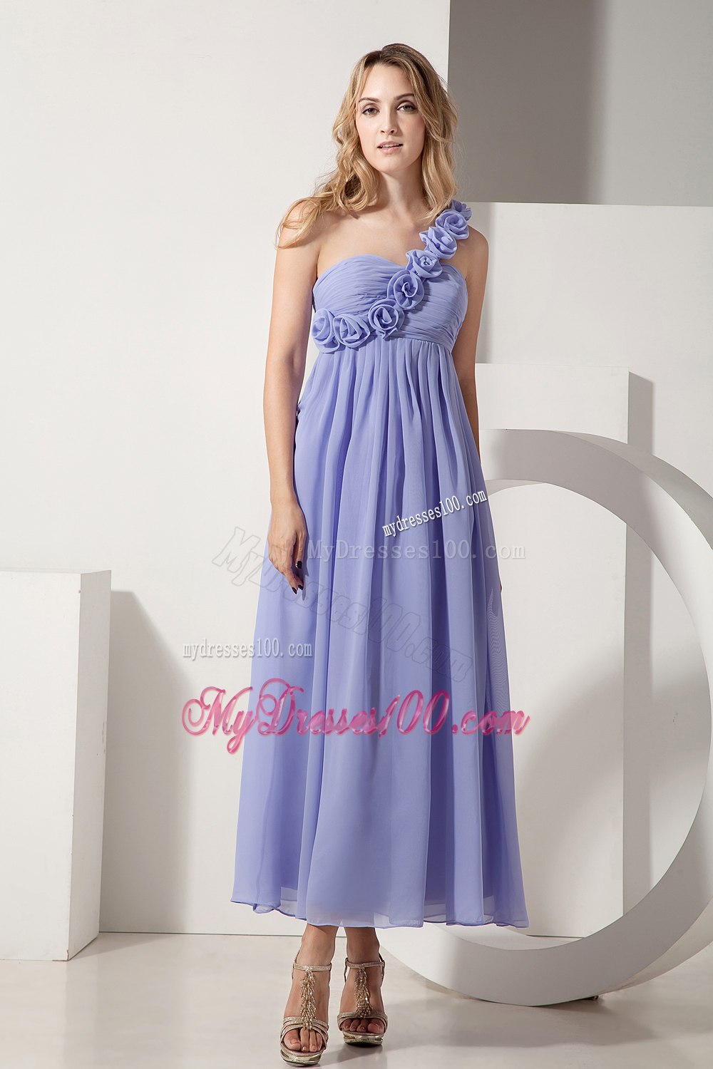 Lavender Floral One Shoulder Ruching A-line Maid of Honor Dress