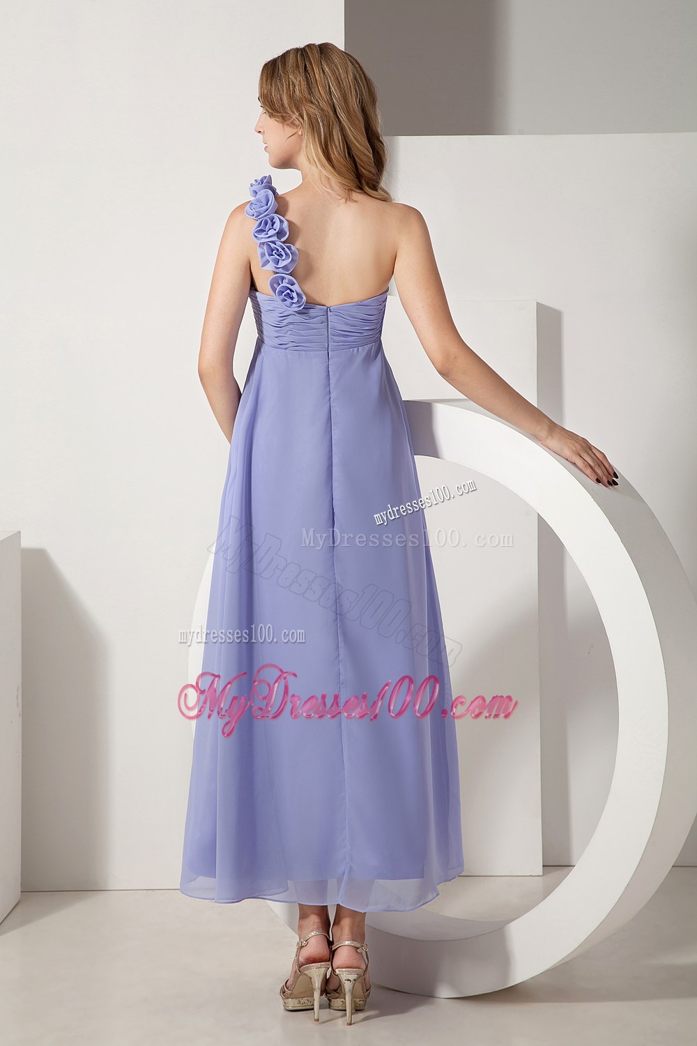 Lavender Floral One Shoulder Ruching A-line Maid of Honor Dress