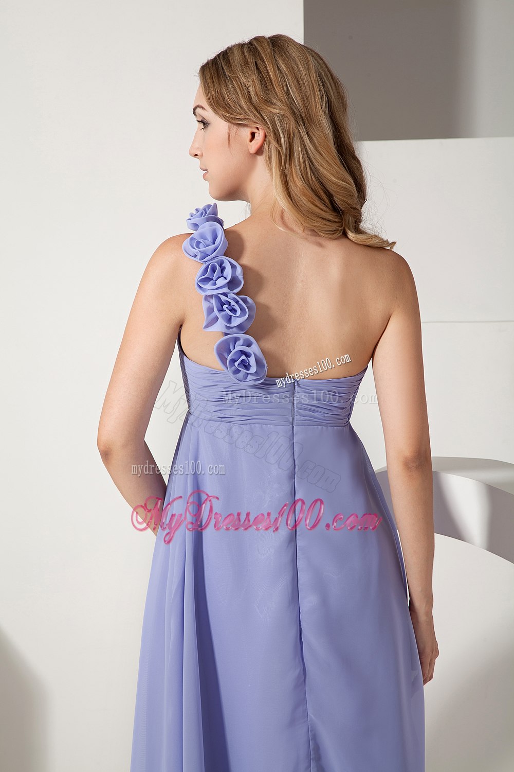 Lavender Floral One Shoulder Ruching A-line Maid of Honor Dress