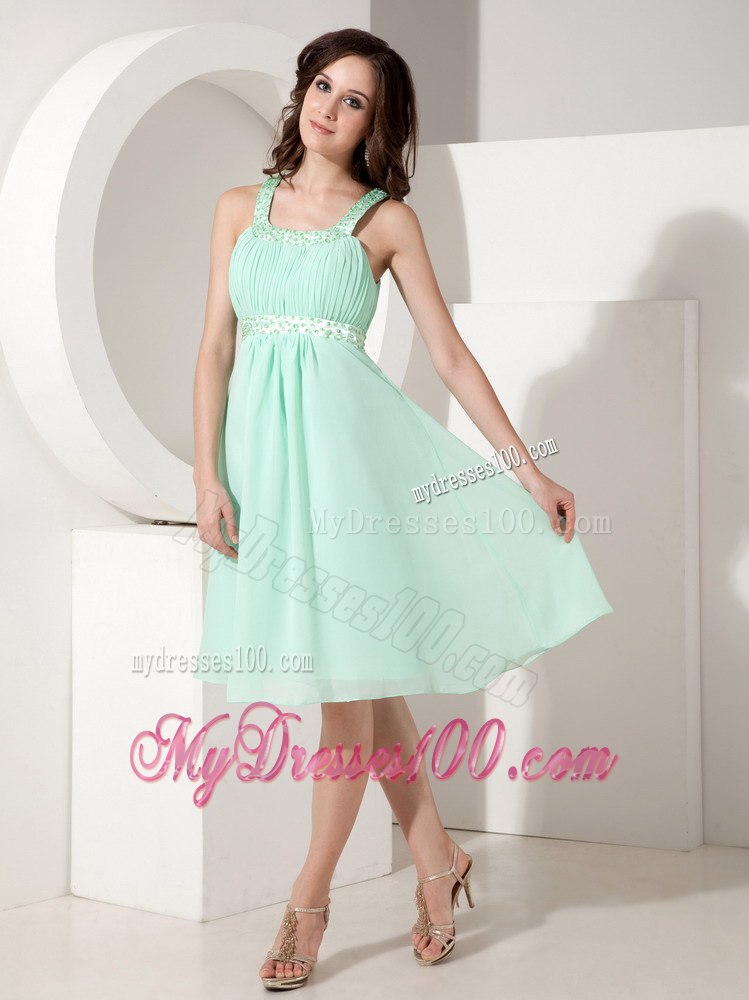Mint Colored Straps Pleated Beading Knee Length Bridesmaid Dress