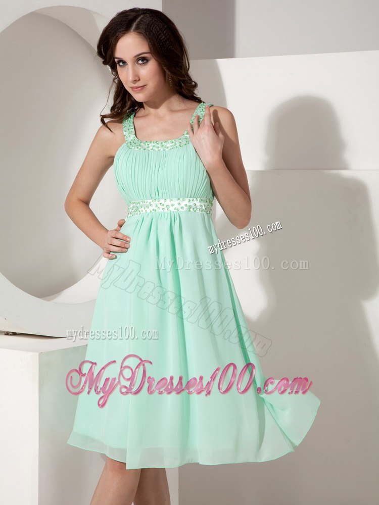 Mint Colored Straps Pleated Beading Knee Length Bridesmaid Dress