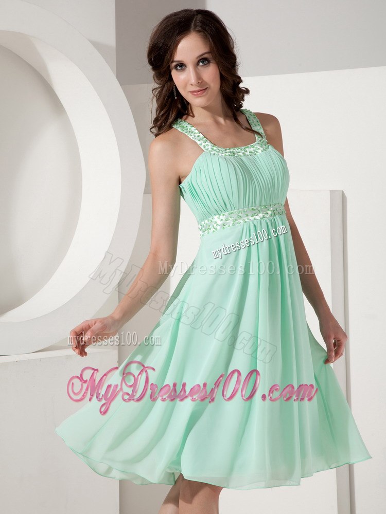 Mint Colored Straps Pleated Beading Knee Length Bridesmaid Dress