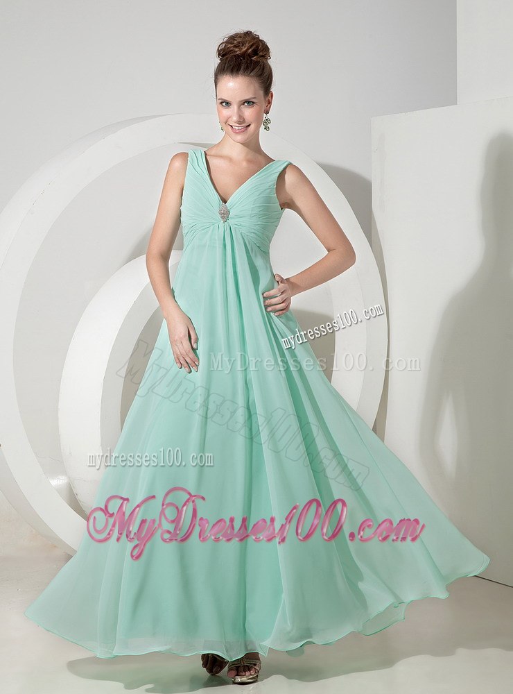 Mint Colored V-neck A-line Dresses For Bridesmaid with Broach