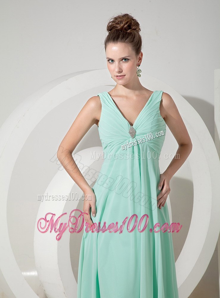 Mint Colored V-neck A-line Dresses For Bridesmaid with Broach