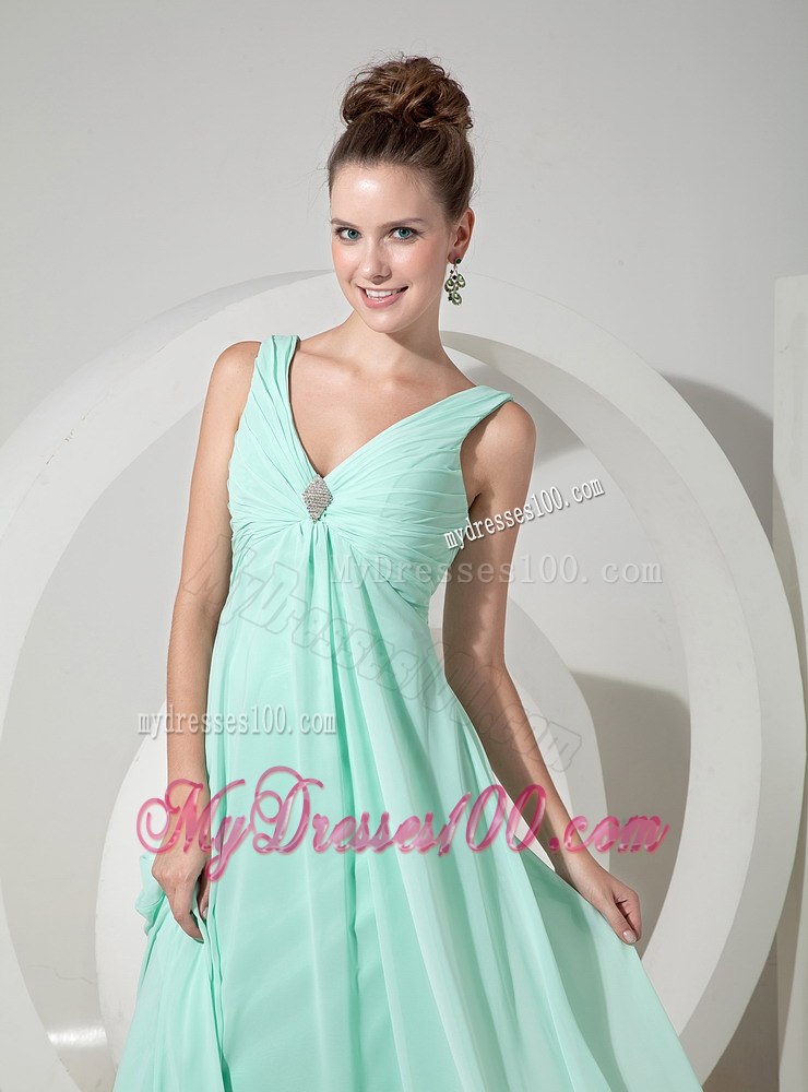 Mint Colored V-neck A-line Dresses For Bridesmaid with Broach