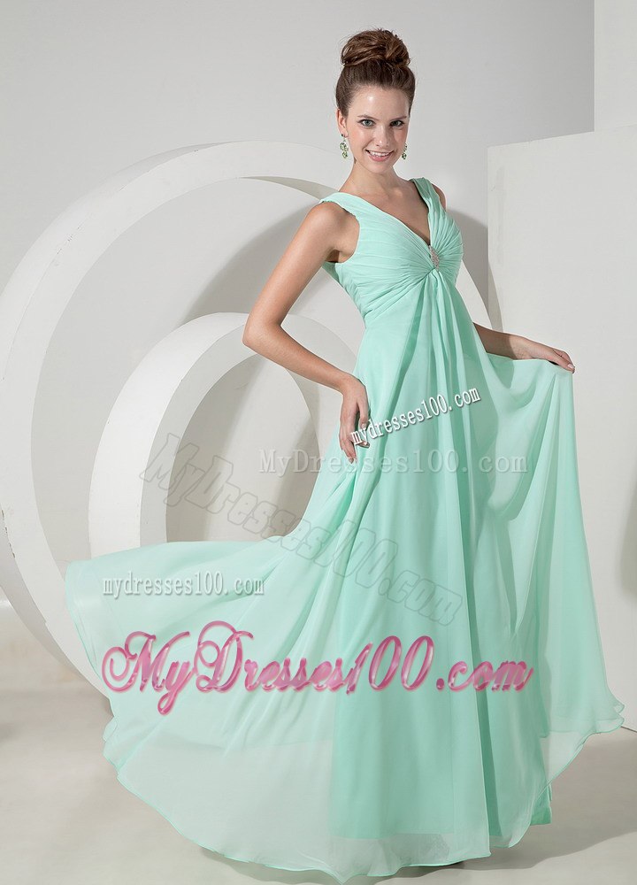 Mint Colored V-neck A-line Dresses For Bridesmaid with Broach