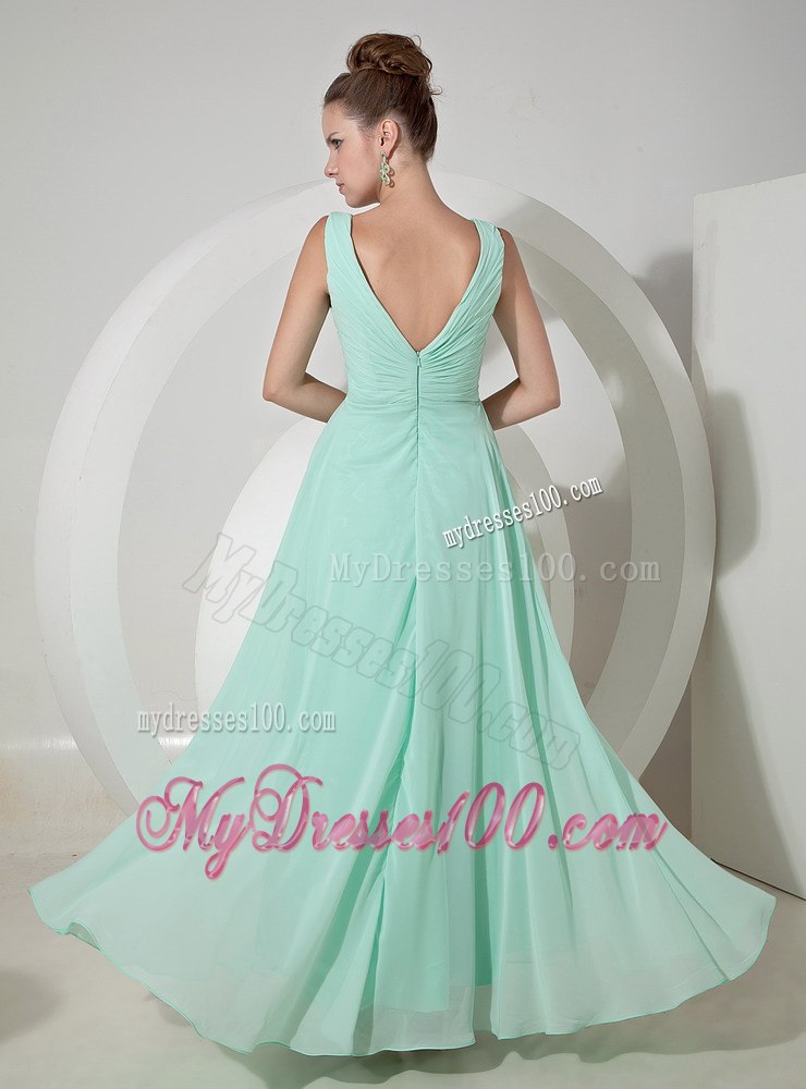 Mint Colored V-neck A-line Dresses For Bridesmaid with Broach