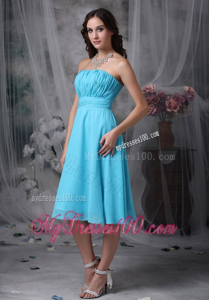 Aqua Blue Ruched Dropping Short Maid of Honor Dress with Sash