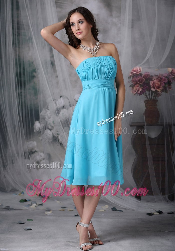 Aqua Blue Ruched Dropping Short Maid of Honor Dress with Sash