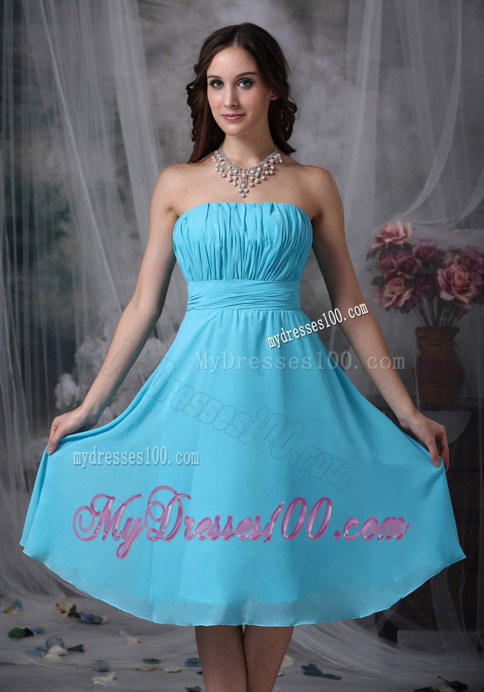 Aqua Blue Ruched Dropping Short Maid of Honor Dress with Sash